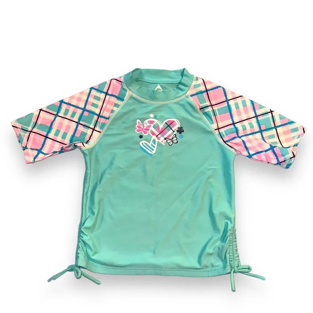 Gerry Girls Rash Guard Swim Top Short Sleeve Plaid Heart Butterfly Pattern Sz 8